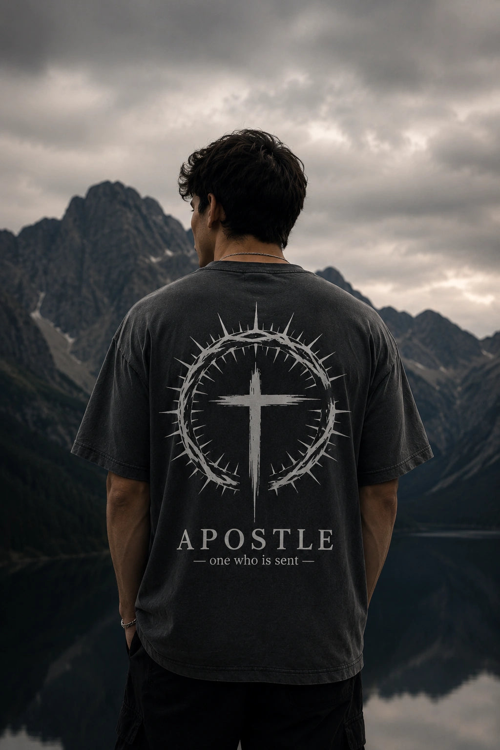A man viewed from behind wearing a dark gray t-shirt with a white graphic of a cross inside a thorny circular frame and the text 'APOSTLE - one who is sent -' printed on the back. He is standing in front of a dramatic mountain landscape under a cloudy sky.