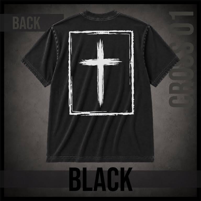 Black short-sleeve t-shirt shown from the back with a large white rectangular border and cross graphic printed on the center. The image includes text overlays reading 'BACK', 'BLACK', and 'CROSS 01' on a dark textured background.