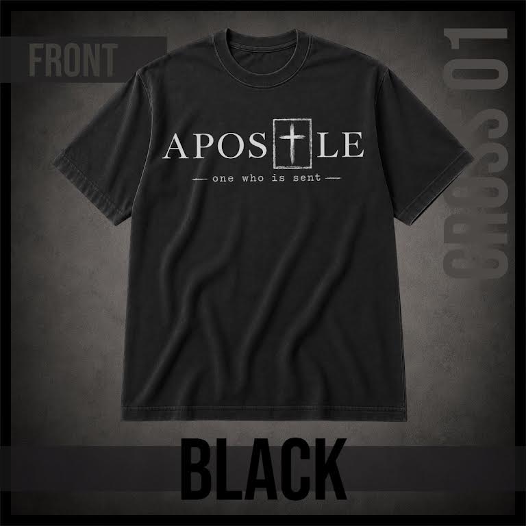 A black short-sleeve t-shirt with a white graphic print on the front reading 'APOSTLE' and 'one who is sent' with a cross inside the letter O. The image is presented as a product mockup on a textured dark gray background with 'FRONT' and 'BLACK' text overlays.