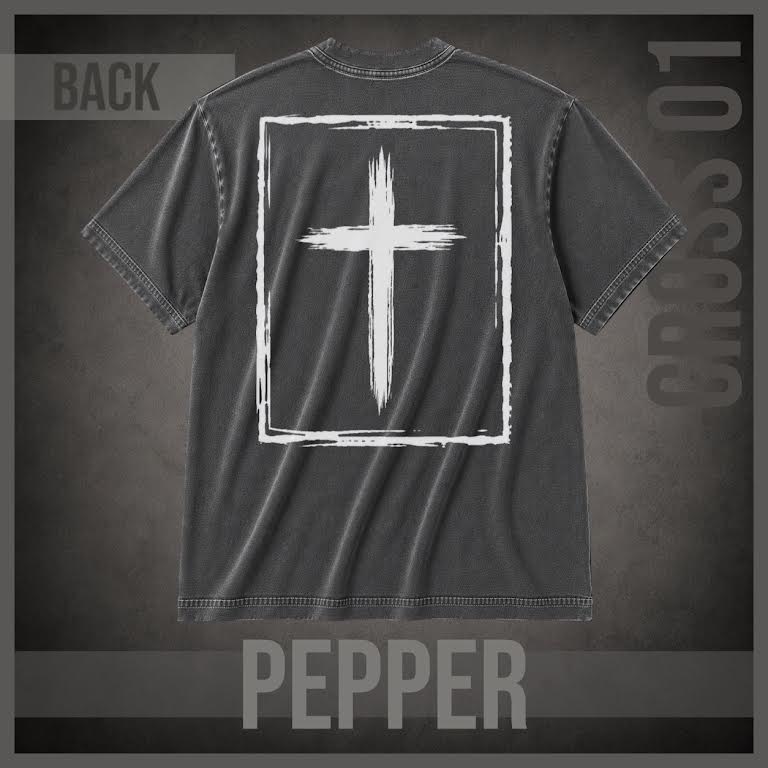 A dark gray washed t-shirt shown from the back, featuring a large white distressed cross inside a rectangular border on the back. The t-shirt is displayed against a textured dark gray background with 'BACK' in the top left, 'PEPPER' at the bottom, and 'CROSS 01' on the right side.
