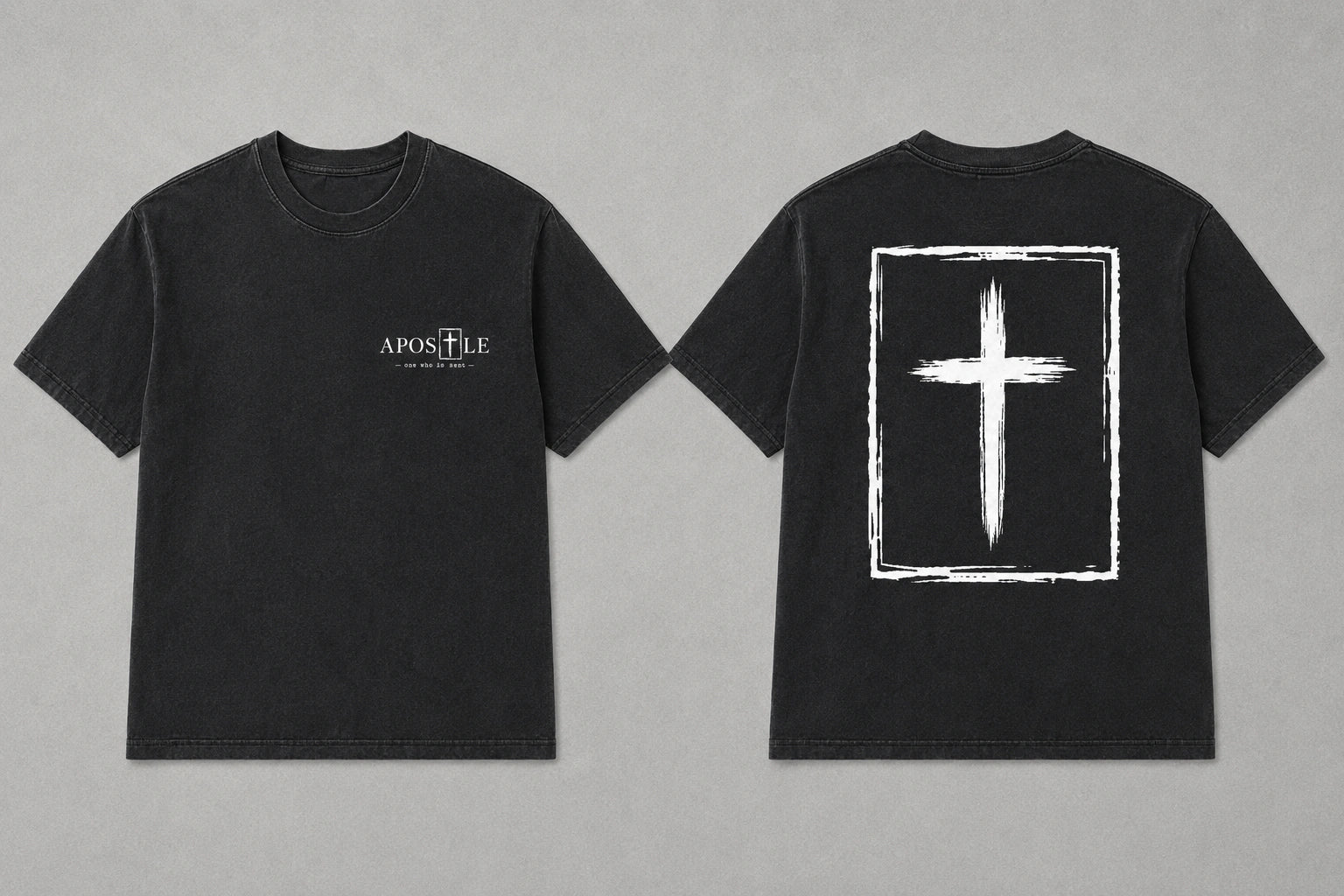 A black short-sleeve t-shirt shown from both the front and back against a neutral gray background. The front features the white text 'APOSTLE' on the left chest, and the back features a large white rectangular graphic containing a textured cross.