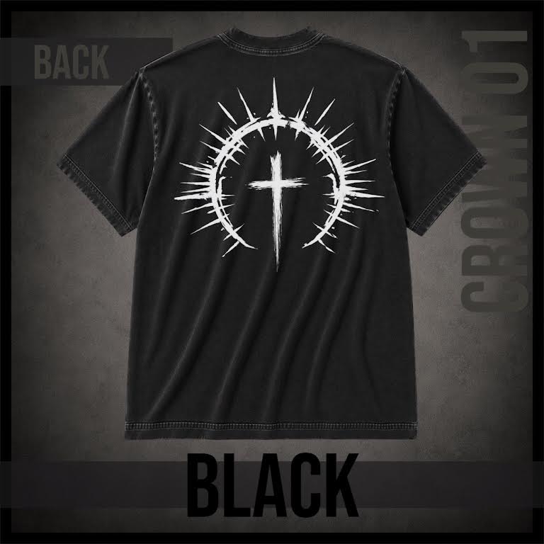 Black short-sleeve t-shirt shown from the back with a large white graphic of a cross inside a spiked circular halo. The image includes text overlays reading 'BACK', 'BLACK', and 'CROWN 01' on a textured dark gray background.