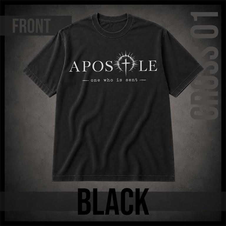 A black short-sleeve t-shirt with a white graphic print on the front reading 'APOSTLE' and 'one who is sent' with a cross inside the letter O. The image is presented as a product mockup on a textured dark gray background with 'FRONT' and 'BLACK' text overlays.