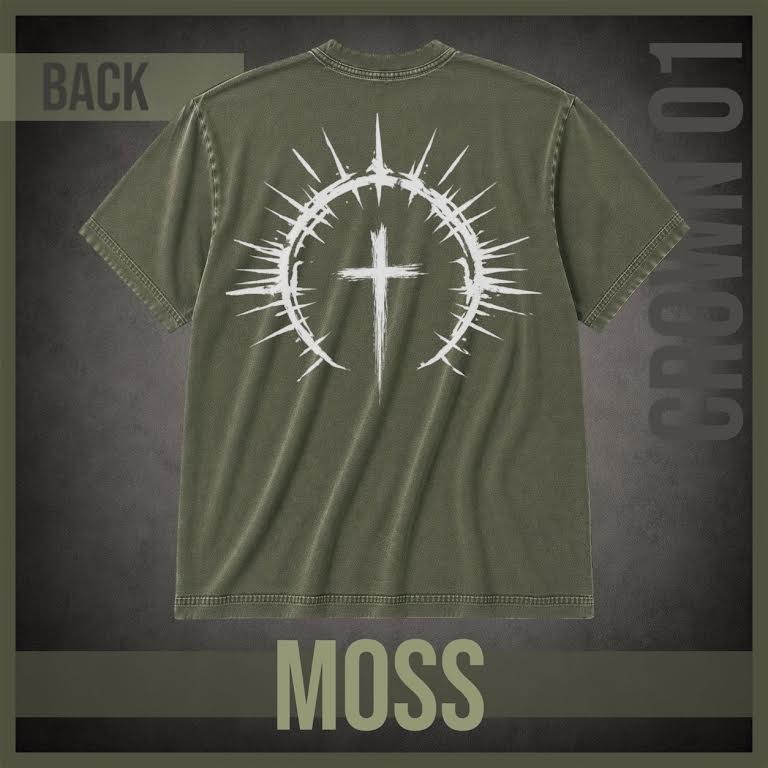 An olive green short-sleeve t-shirt shown from the back, featuring a large white graphic of a thorny crown of thorns with a central cross. The shirt is displayed on a dark textured background with 'BACK' in the top left, 'MOSS' at the bottom, and 'CROWN 01' vertically on the right.