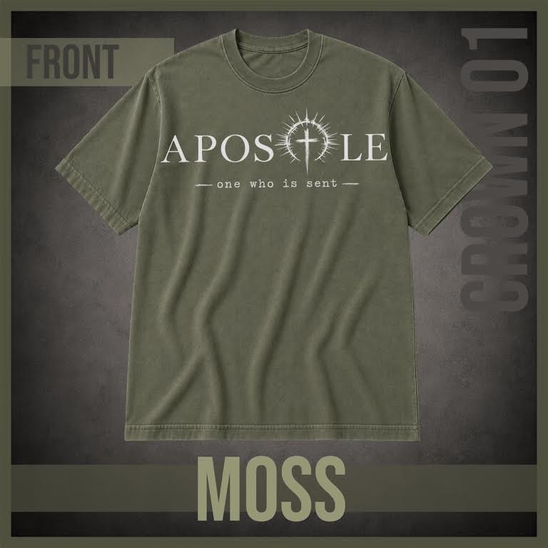 An olive green crewneck t-shirt with a white graphic print reading 'APOSTLE' and 'one who is sent' with a cross in the center. The t-shirt is displayed on a dark textured background with 'FRONT' in the top left, 'MOSS' at the bottom, and 'CROWN 01' vertically on the right.