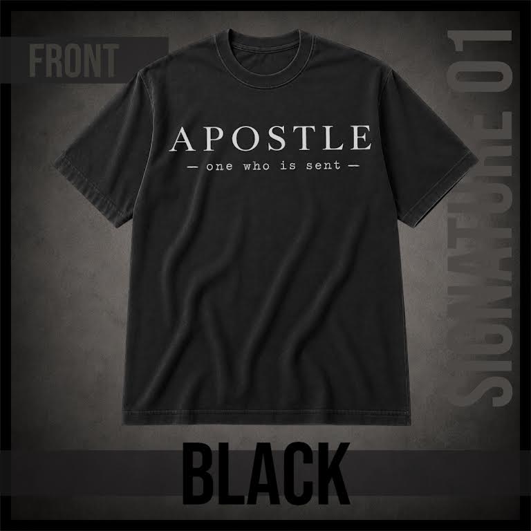 A black short-sleeve t-shirt with a white graphic print on the front reading 'APOSTLE' and 'one who is sent' with a cross inside the letter O. The image is presented as a product mockup on a textured dark gray background with 'FRONT' and 'BLACK' text overlays. alternate color