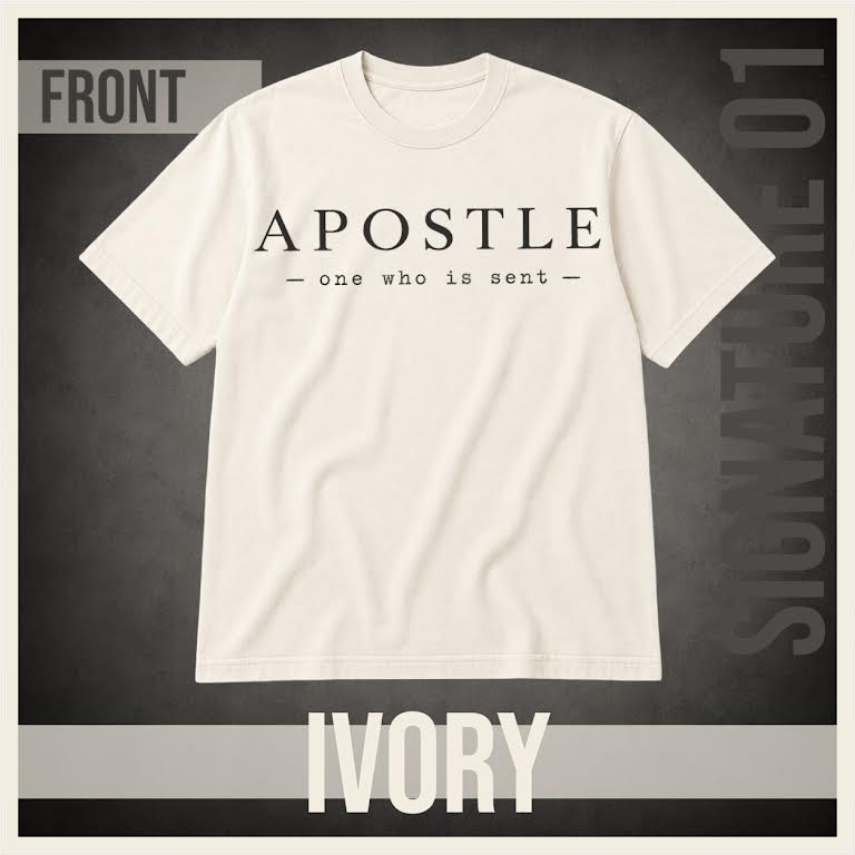 An ivory short-sleeve crewneck t-shirt with 'APOSTLE' and the phrase 'one who is sent' printed in black across the chest. The image is presented as a product mockup on a dark textured background with 'FRONT' and 'IVORY' text overlays.