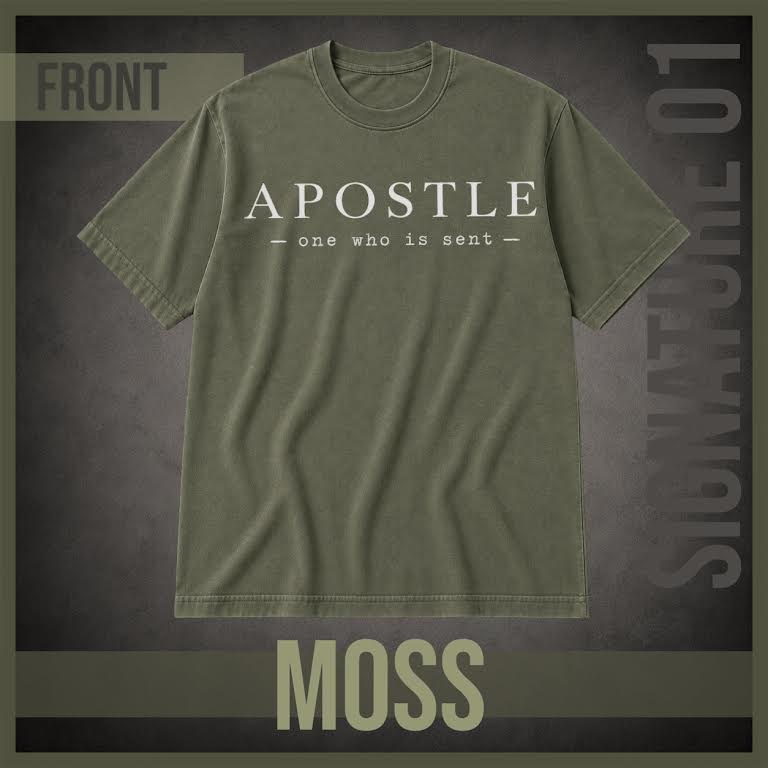 An olive green crewneck t-shirt with 'APOSTLE - one who is sent -' printed in white on the chest, presented on a dark textured background with 'FRONT' and 'MOSS' text overlays.